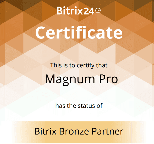 Сертификат Bitrix24 Bronze Partner, выданный Magnum Pro